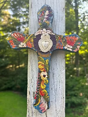 Painted Wood Cross 3D Mexico Handmade Milagro 9x6 Perpetuo Socorro Heart A15 • $26.90