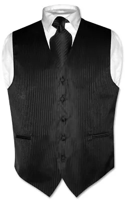 Men's Dress Vest & NeckTie BLACK Color Vertical Striped Design Neck Tie Set • $27.95