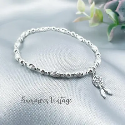 Sterling Silver Dreamcatcher Bracelet Stacking Stretch Dainty Sparkly Boho .925 • £27