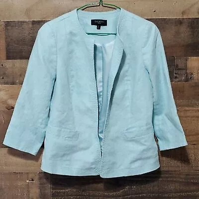 Talbots Band Collar Blazer Crop Jacket ¾ Sleeves Buttonless Baby Blue Linen 4P • $23.99