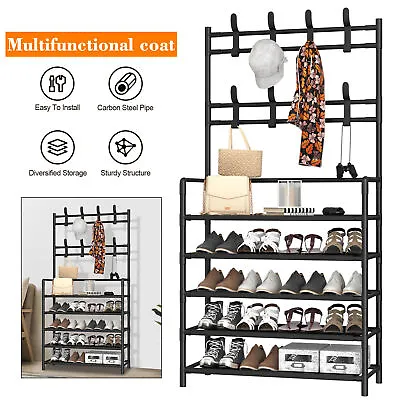 CISIVISI 5 Tiers Hat And Coat Stand Metal Shoe Rack Hanger Shelves With 8 Hooks • £15.99