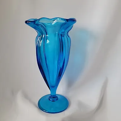 Vintage Optic Rib Blue Blown Glass Vase 4-Edge Tulip Ruffled Edge MCM 9  Tall • $17.95