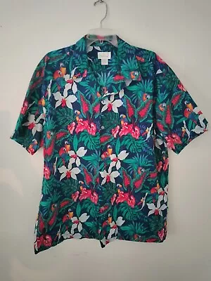 Stephen Mens Hawaiian Shirt Macaws Parrots Floral Orchids VTG XL Parrot Camp • $12.71