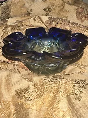 VTG Heavy 8” Murano (?)  Art Glass Venetian Ruffled Rim Blue Green Bowl Dish • $5