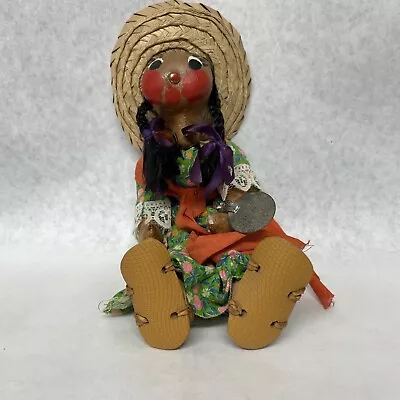 Mexican Folk Art Doll Oil Cloth Female With Leather Sandals Painted Big Eyes • $20.97