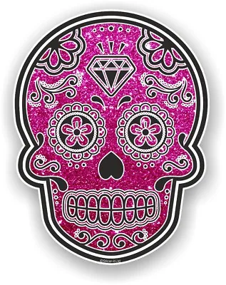 Mexican Day Of The Dead Sugar Skull Pink Glitter Effect Vinyl Car Sticker Decal • £2.49