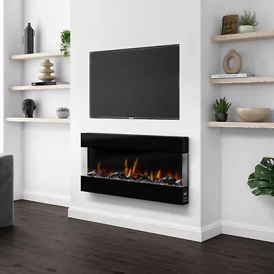 Small 42  Electric Wall Mounted Fireplace Suite Black Glass Mirrored LED Flames • £179.92