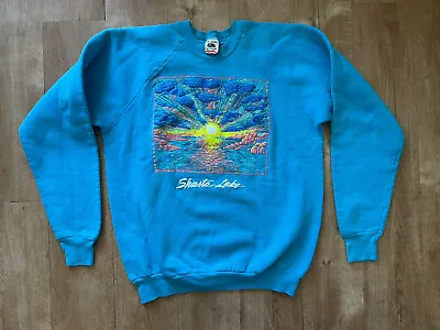 Vintage Lake Shasta California USA MADE Print Pullover Sweatshirt Shirt Blue XL • $19.99