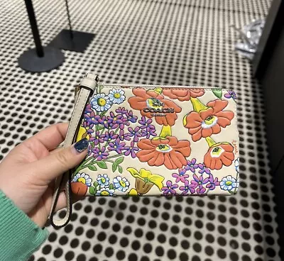 Coach Corner Zipper  Leather Wristlet With Floral • $45