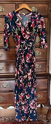 Pinkblush Floral Faux Wrap Maternity Maxi Dress SMALL S Jewel Tone Bow Belt Blue • $17.48