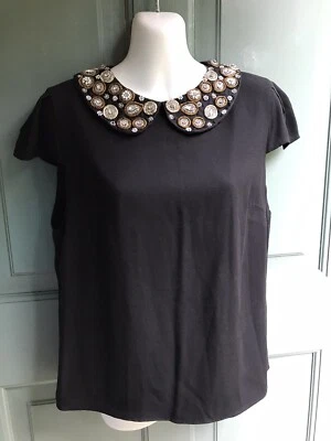$28.50 • Buy Alice + Olivia Mary Holiday Embellished Peter Pan Collar Blouse Black Medium Top