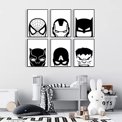 Superhero Wall Prints Poster Art Black And White Kids Bedroom Comic Childrens • £3.99
