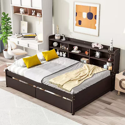 Full Size Bed Frame With Side Bookcase Shelves Drawers Wooden Slatted Espresso • $529.99