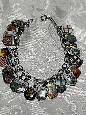 Vintage 800 REU Silver European Travel 21 Charm Bracelet Enamel Shields USA 7  • $145