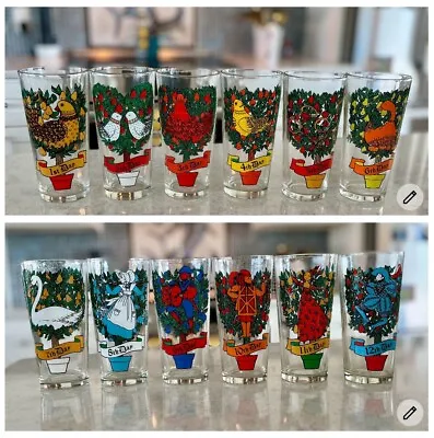 Vintage MCM Indiana Glass 12 Days Of Christmas  Tumblers Glasses ~ Mint! • $35
