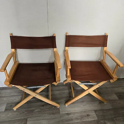 Vintage Set 2 Canvas Folding Director’s Chairs Wooden Frame Captains Chairs • £48.16