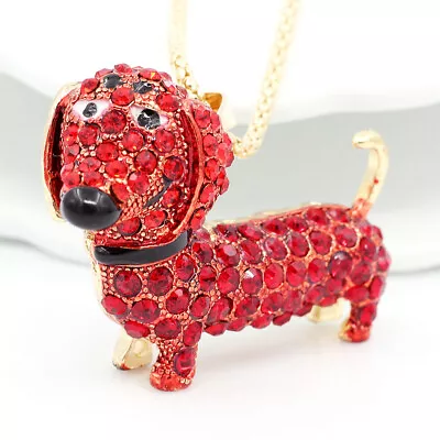 New Cute Enamel Crystal Dachshund Dog Pendant Sweater Necklace 4 Colour Options • $6.99