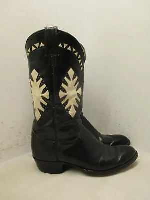 JUSTIN Mens 10.5 D Cowboy Boots Black Leather With Cutouts White Inlay Sty 2511 • $79.95