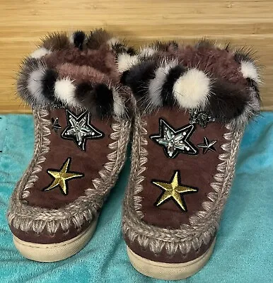 MOU Eskimo Sneaker Boot Rhinestone Hand Made Star Mink Fur Trim Size 10 Purple • $99