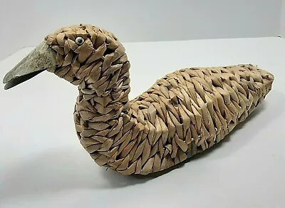 Handwoven Straw Duck Figurine Metal Beak Rustic Folk Art Cabin Shelf Decor • $34.95