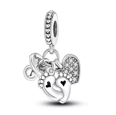Silver S925  Baby Feet Dummy Heart Dangle Gift Charm Pendant Bracelet Necklace • $15.66