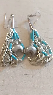 Native American Liquid Silver Turquoise Multi Strand Fetish Bear Drop Earrings • £42