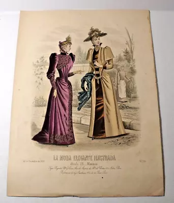 1890 Antique French Hand Colored LA MODE ELEGANTE ILLUSTRADA Fashion Print (35) • $18