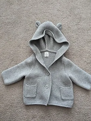 Grey Knit Hoodie Cardigan 0-3m Boys Winter Baby Pram Cot Sleep Warm Ears Cute • £7.99