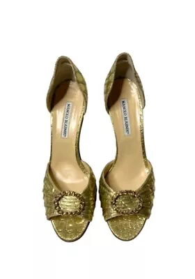 Manolo Blahnik Gold Sedaraby D'orsay Open Toe Pumps Crystal Embellished Size 34 • $150