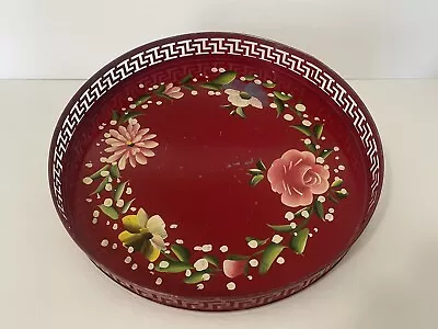 Vintage Hand Painted Red Floral Metal Tray With Greek Key Sides 11.5” D X 1.75”T • $39.99