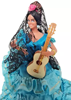 Vintage Chiclana Marin Flamenco Dancer Spanish 8  Doll Blue Gown Lace W/ Guitar • $23.96
