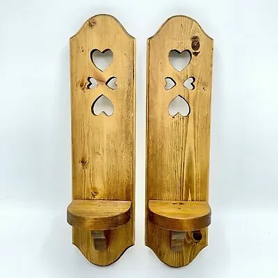 Vintage Set Of 2 Wood Wall Sconce Candle Holders W/ Hearts 16” Tall Wooden Hang • £14.45