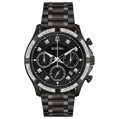 Bulova Men's Quartz Chronograph Diamond Accent Black Watch 46mm 98E118 • $249.99