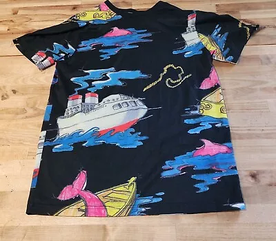 Pink Dolphin Button Up Black Neon Multicolor Sailboats Short Sleeve Men Sz Large • $22.50