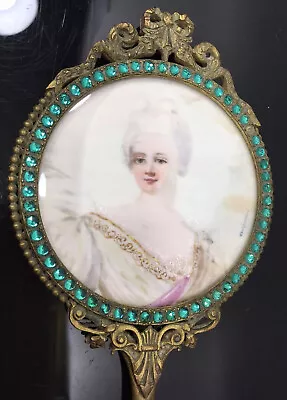 Antique Vintage French Ormolu Artist Signed Portrait Hand Mirror Hand Painted • $395