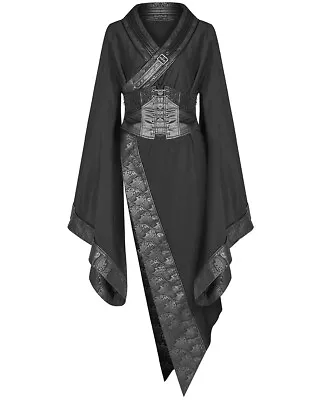 Punk Rave Gothic Apocalyptic Asymmetric Kimono Dress Jacket & Corset Belt Black • £124.99