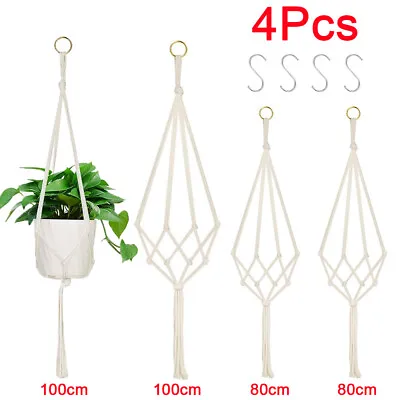 4Pcs Macrame Plant Hanger Garden Indoor Hanging Planter Basket Rope Pot Holder • £6.69