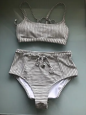 BNWT Cupshe Black White Maternity Prenatal High Waist Stripe Nautical Bikini M • £20