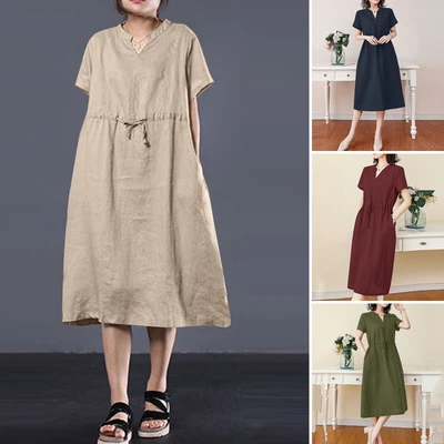 $31.24 • Buy ZANZEA Womens Short Sleeve V Neck Plain Lace Up Waist Summer Party Swing Dresses