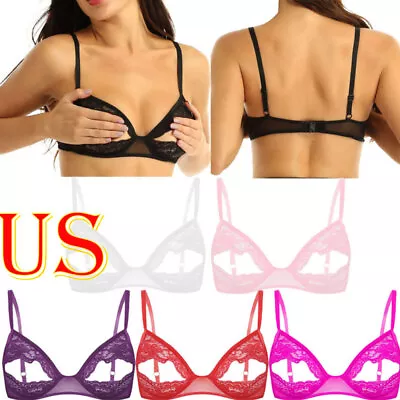 US Women Sheer Mesh Floral Lace Wire-free Unlined Bra Top Nipple Split Bralette • $7.71