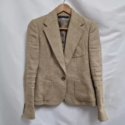 Ralph Lauren 100% Linen Tweed Beige/Tan Fitted Blazer Riding Jacket US 4/UK 8 • £49.99