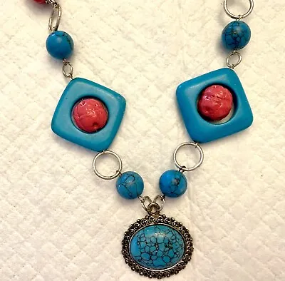 Vintage Turquoise And Cinnabar(?)  Chunky BOHO Necklace • $4.68
