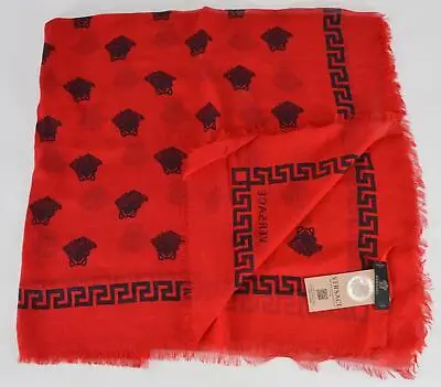 NEW Versace $350 Red & Black Modal Silk MEDUSA HEAD Greek Key Scarf • $167.41