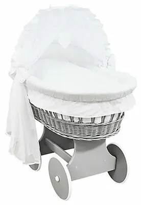 £159.99 • Buy GREY WICKER WHEELS CRIB/BABY MOSES BASKET + COMPLETE BEDDING White/Cotton
