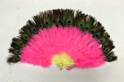 Shocking Pink MARABOU Feather Fan With Peacock 30  X 15  Burlesque/Costume • $26.99