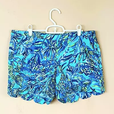 Lilly Pulitzer Magnolia Scalloped Shorts 10 Bennet Blue Sneak A Beak Side Zip • $37.95