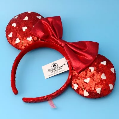 US Ship Mickey Mouse Red Heart Sequin Bow Girl Minnie Ears Disney Parks Headband • $18.99