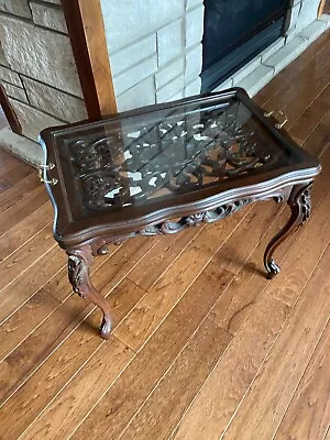 Antique Hand Carved Mahogany Tea Table W/ Removable Glass Serving Tray • $350