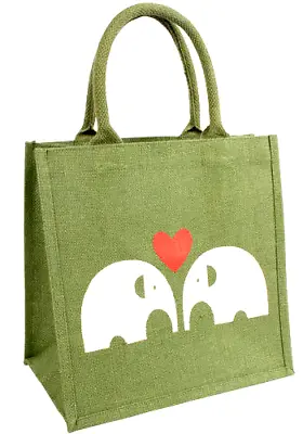 Jute Shopping Bag In Green With 2 Elephants & Red Heart Eco Handmade Shopper • £11.95