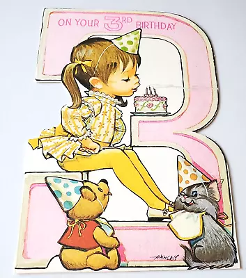 Vintage Greeting Card Pete Hawley Girl Blowing Out Candles Cake Cat Bear Kitten • $3.75